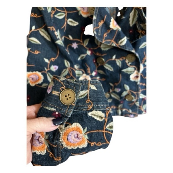 Doncaster Dark Denim Floral Embroidered Jean Jacket Cropped Boho Peacoat Size 10 - Picture 8 of 12